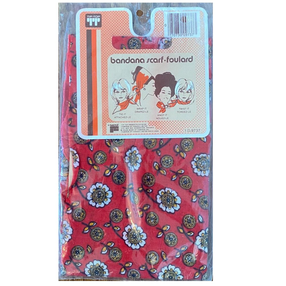 Vintage 70s NWT Red Yellow Floral Baroque Bandana Scarf Retro Boho Western